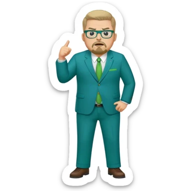 Full Body white male plus size wearing glasses with a goatee angry head Coach in blue and green suit sticker
