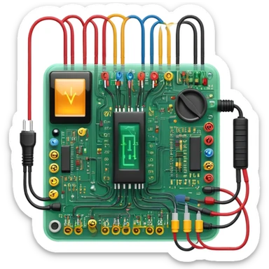 An icon featuring circuit boards, glowing wires, and a multimeter, symbolizing electrical engineering. The design includes voltage symbols and electric currents flowing through components, representing the study and application of electricity. Transparent background sticker
