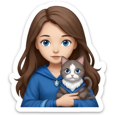 gorgeous Girl with light skin, blue eyes, long brown hair, wears a ravenclaw outfit, with a grey and white cat holding in her arms sticker