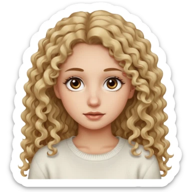 a dirty blonde girl with brown eyes and make her wearing a white sweater and  with really long curly hair and white skin color, long hair and really big lashes sticker