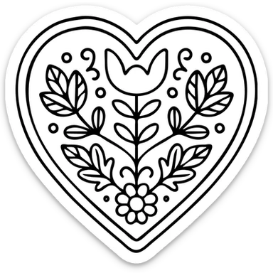 red heart with lighter colored Scandinavian folk art nature motif, intricate floral and leaf patterns, symmetrical, with a border around the motif and a border around the heart, clean outlined style sticker