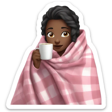 A cute black hair girl wrapped in pastel pink plaid blanket drinking coffee sticker