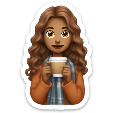 Auburn long wavy haired girl in with a blanket and a latté coffe sticker