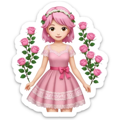 pastel anime woman with pink and white lace dress full body and roses in hair sticker