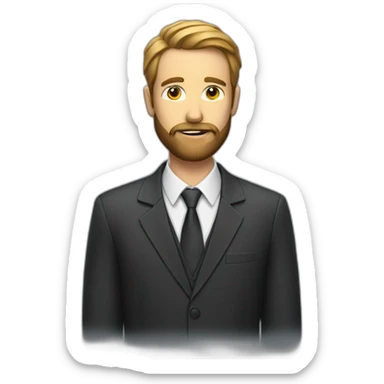 a man with a beard in a suit with a pencil behind his ear sticker