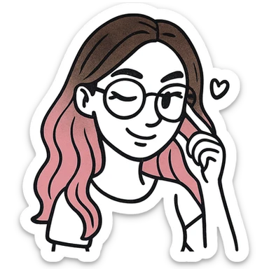 woman with gradient hair from dark to pink with glasses, brown roots, brown eyebrow, flirting, icon-black-outlined-hand-drawn style sticker