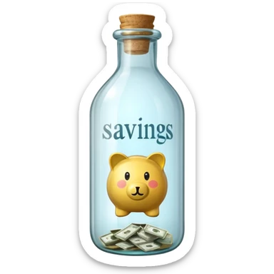 a big bottle glass labeled "savings" that contains dollars inside sticker