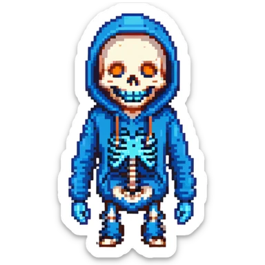 Sans from Undertale with glowing blue eye, skeleton with permanent grin, wearing blue hoodie sticker