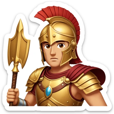Cinematic-realistic Achilles emoji portrait fearlessly on the battlefield of Troy. His trojan armor gleams , each intricate engraving telling tales of his past glories. His piercing gaze locks onto his foe, his grip tightening around his spear.  sticker