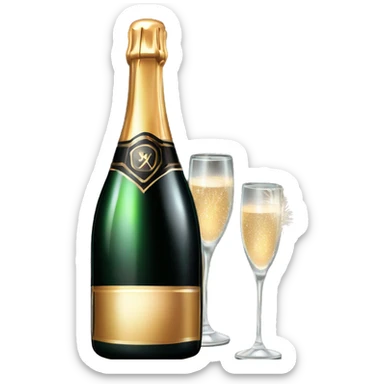 Realistic sparkling diamond glam black bottle of New Years champagne with glass next to it filled withchampagne with two lit sparkler fireworks in the glass with the champagne  sticker