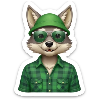 head and shoulders friendly anthropomorphised wolf in green plaid shirt and green attire for St. Patrick's Day, wearing dark sunglasses, upright pose sticker