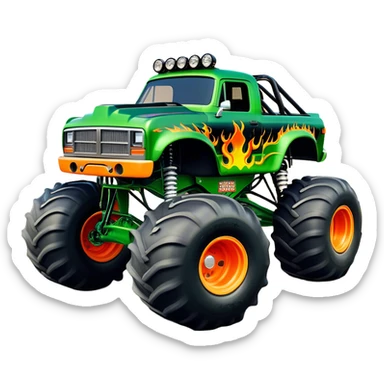 Grave Digger - Monster Jam (Model Year: 2022) (Iconic colour: Green with flames) - A legendary monster truck with a fearsome design: predominantly deep green with dynamic, vibrant flame graphics in bright orange and yellow. Highlight its rough, edgy bodywork and an aura of untamed rebellion. sticker