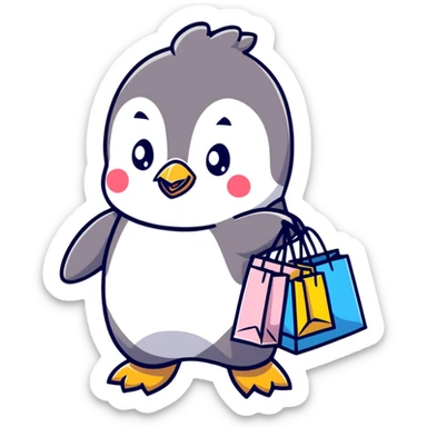 kawaii baby penguin at a shopping mall with shopping bags sticker