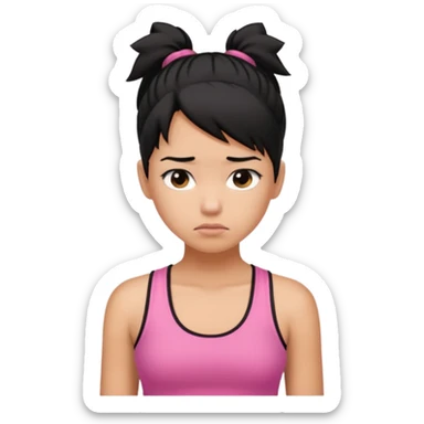 A tan girl with black hair in a ponytail. Wearing a pink tank top. Looking sad sticker