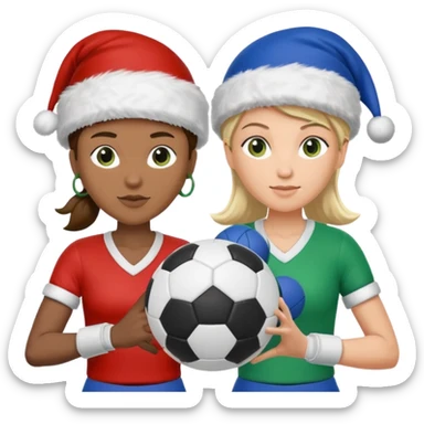 crie a imagem de 3 atletas, um homem no meio e duas mulheres, de modalidades esportivas diferentes, usando elementos esportivos, como por exemplo bola de futebol, luvas de luta e bola de vôlei... e usando um chápeu de papai noel das cores verde e azul. sticker