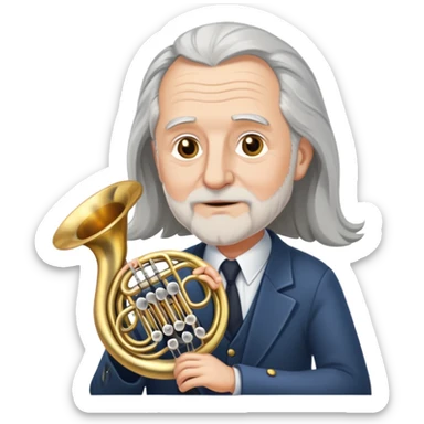 Old white guy with long gray hair a French horn sticker