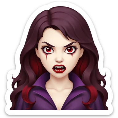 vampire woman, pale white skin, brunette, long hair, angry face, fangs out sticker