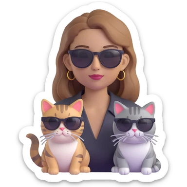 white woman with light brown ombre hair and grey tabby cat, both wearing black sunglasses, looking cool, 3D emoji style similar to Apple Memoji sticker
