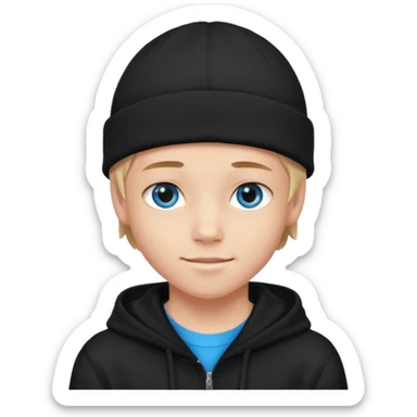 handsome and young teen pinterest boy good at fashion. popular among 'that brat girl', wearing hoodie (no blue) and beanie with blue eye  and little smile  sticker