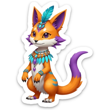 Kawaii cute orange purple turquoise exotic tribal beautiful pretty elegant divine edgy feline-vernid-sergal-Fakémon-Pokémon-Digimon-fursona-animal-creature with bracelet, necklace, full body, with intricate detailed markings, feather headdress  sticker