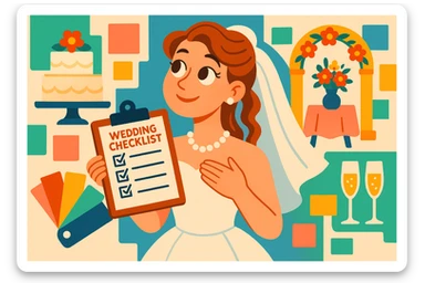bride holding a wedding checklist with a dreamy look, surrounded by wedding decor samples and color swatches, cheerful modern illustration style sticker