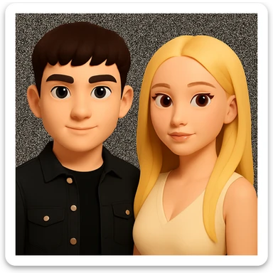 Slightly increase the volume of the upper body of the girl, significantly spread them apart from each other, make the skin color the same for both characters, while preserving the cartoonish 3D style as seen in the reference image. sticker