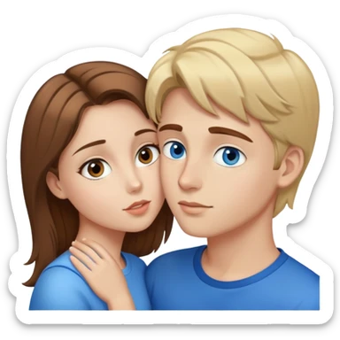 beautiful girl with brown hair and brown eyes kisses with a boy with blond hair and blue eyes sticker