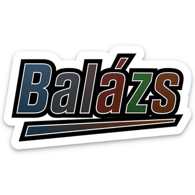 Balázs name in masculine, modern gradient font with precise Hungarian characters, dark contour, extra wide and prominent white letter frame as in reference images, dynamic slanted underline, masculine color shades (blue, gray, burgundy, green, brown), 1000x1000 px, PNG, transparent background sticker