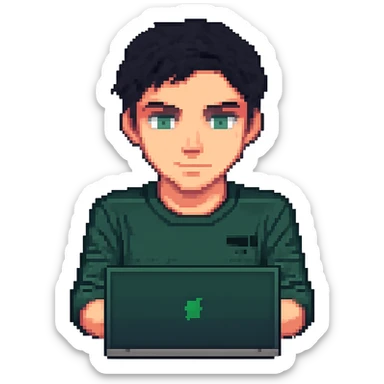 Change the man's hairstyle to a different style, keep him with dark hair and green eyes working on a laptop, pixel art style, simple background removed. Render in pixel art style. sticker