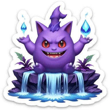 gengar from pokemon on a huge waterfall using poison magic sticker