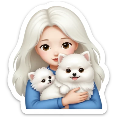 Chinese girl hugging white Pomeranian  sticker
