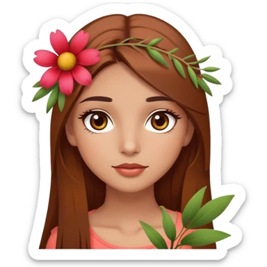pretty girl with olive skin, hazel eyes and long lashes, has brown hair with a bit red undertone, hair is long and straight, and she’s in summer style, with one flower on her head sticker
