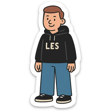 flat toon style person named Les wearing wide jeans and a black hoodie sticker
