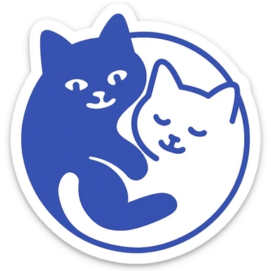 a black cat and a white cat in a yin-yang pose, stylized, clean lines, no background sticker