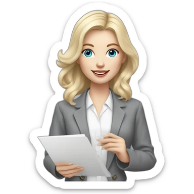 pale skin woman interior designer with cold blonde middle length hair, blue eyes, White blouse, Gray oversize jacket, Gray skirt holding a color palette in the hands sticker