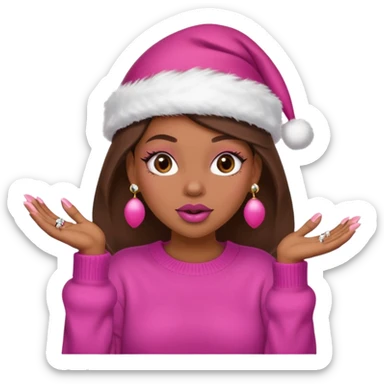 Sassy, cunty, girly Santa emoji with big lips, fake nails, pink sweater, and a pink santa hat. sticker
