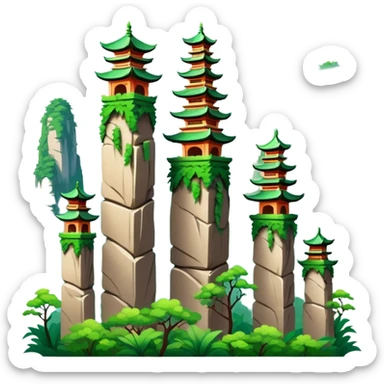 Zhangjiajie Avatar mountains, simplified emoji style with bold outlines and bright colors, cartoon style tall stone pillars with greenery sticker