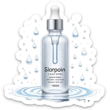 Slim clear dropper bottle with white cap and minimal black text label. Floating above a silver ripple, with icy shimmer rings pulsing outward. Surrounded by tiny frozen sparkles and wrinkle-smoothing energy beams. Looks like a precision anti-aging serum potion — sharp, cold, and potent. sticker