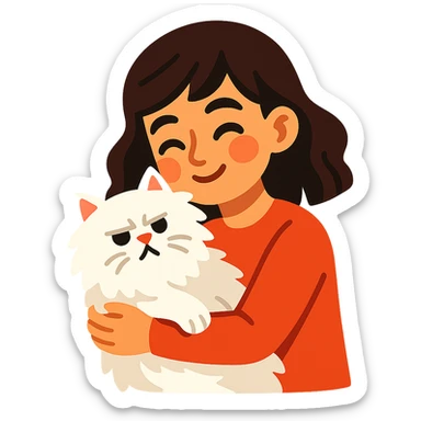 brunette girl snuggling white Persian cat sticker