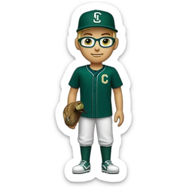 Blonde male short hair with glasses Dark green baseball uniform with hat Blue eyes a cobra snake logo with "C". waist up with a macbook behind the shoulder sticker