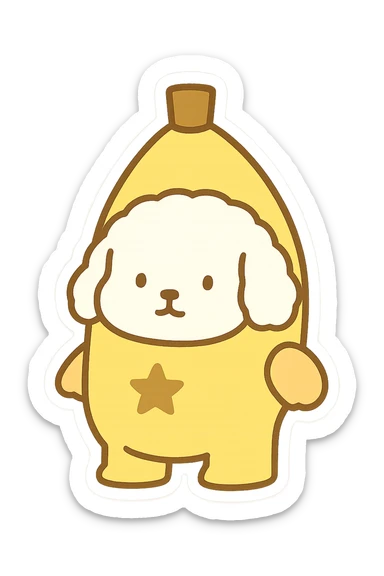 Transform the image into a WhatsApp sticker style featuring only the dog dressed as a banana. Remove the background completely and add a white border around the dog for a sticker effect. Maintain a chibi stickers illustration style with a transparent background. sticker