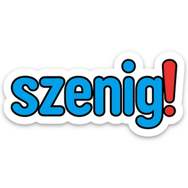 blue lettering 'szenig' with the exclamation mark at the end in strong red, friendly clear look, transparent background sticker