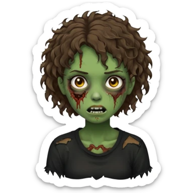 Zombie girl emoji verde com cabelo curto cacheado castanho com uma blusa preta sticker