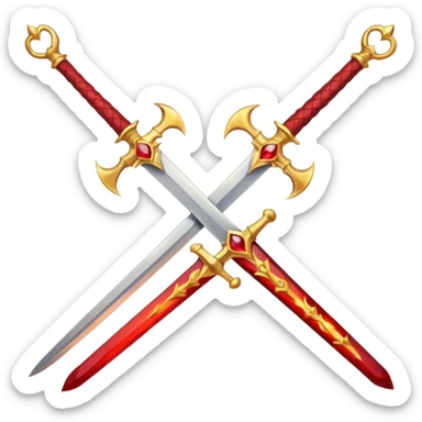 Two crossed swords that are golden in blade and handle and have fiery and royal appearence to them as well as red gem stones yellow in color sticker