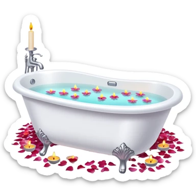 A white bathtub with warm water, with flower petals and scented candles, romantic lush warm colors sticker