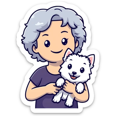 50-year-old woman with silver curly hair, smiling, with a Westie dog, cartoonish sticker sticker