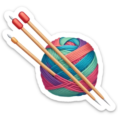 Knitting icon, knitting needles, colorful yarn, partially knitted fabric, minimalistic style, clean lines, transparent background. sticker