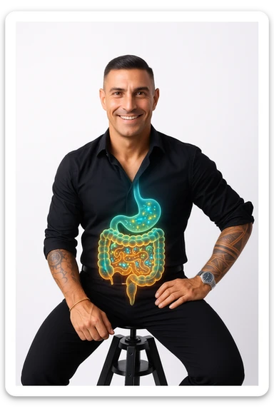 Radiant man with transparent digestive system showing diverse, thriving gut bacteria colonies in perfect balance, beneficial microorganisms glowing like constellation patterns throughout intestines, expression of optimal health and vitality, digestive tract functioning as harmonious ecosystem, immune system strengthened by microbial diversity, energy levels at peak performance sticker