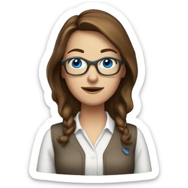 woman with brown hair blue eyes, glasses and a compter tech sticker