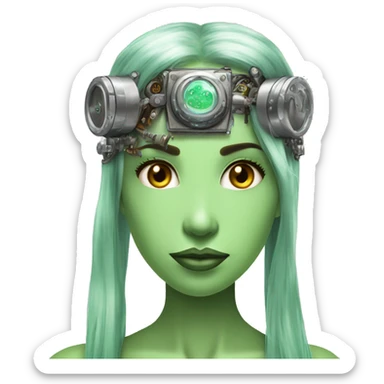 Light green long hair female cyborg head with silver steampunk headband goggles, circuits sticker